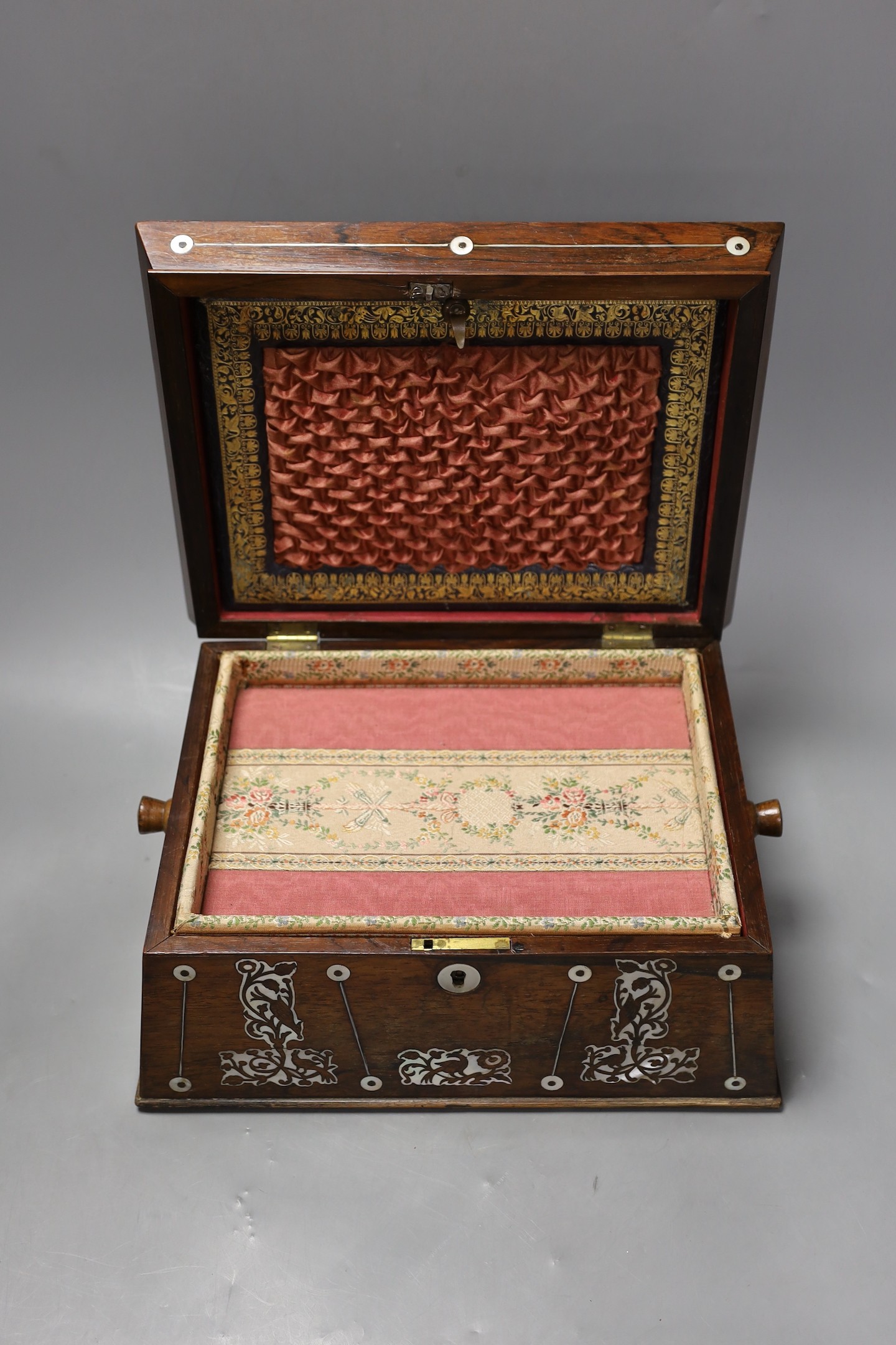 A Victorian mother of pearl inlaid rosewood workbox, 30cm